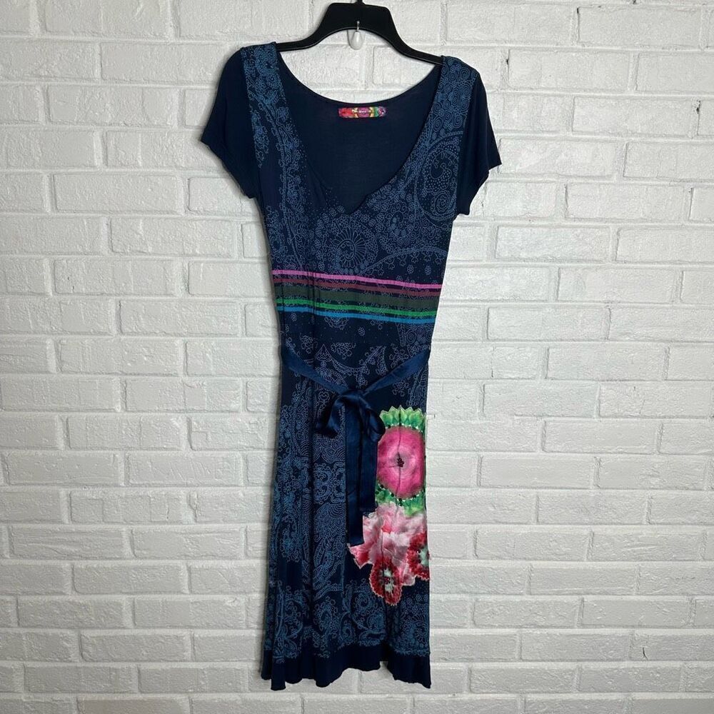 Desigual Matty Blue Jersey Midi Dress Scoop Vneck Ribbon Belt Sequins size Small